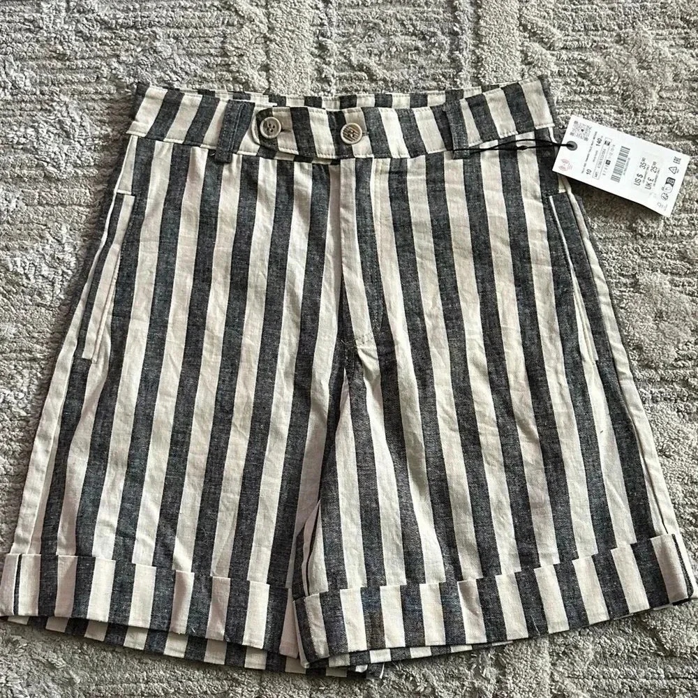 ZARA Kids | Black/White | LINEN BLEND STRIPED BERMUDA SHORTS WITH BUTTONS
